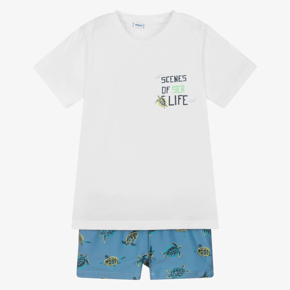 Mayoral-Boys White & Blue Swim Shorts Set (UPF 40+) | Childrensalon