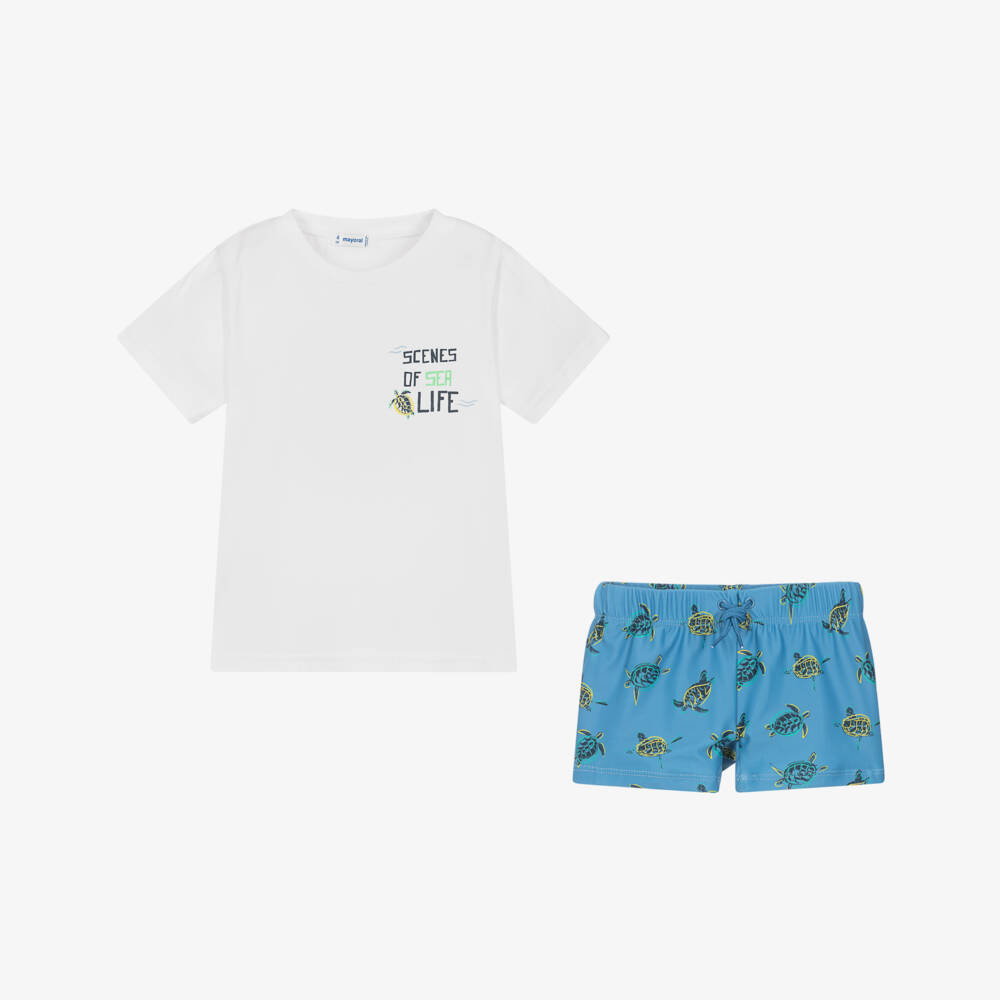 Mayoral-Boys White & Blue Swim Shorts Set (UPF 40+) | Childrensalon