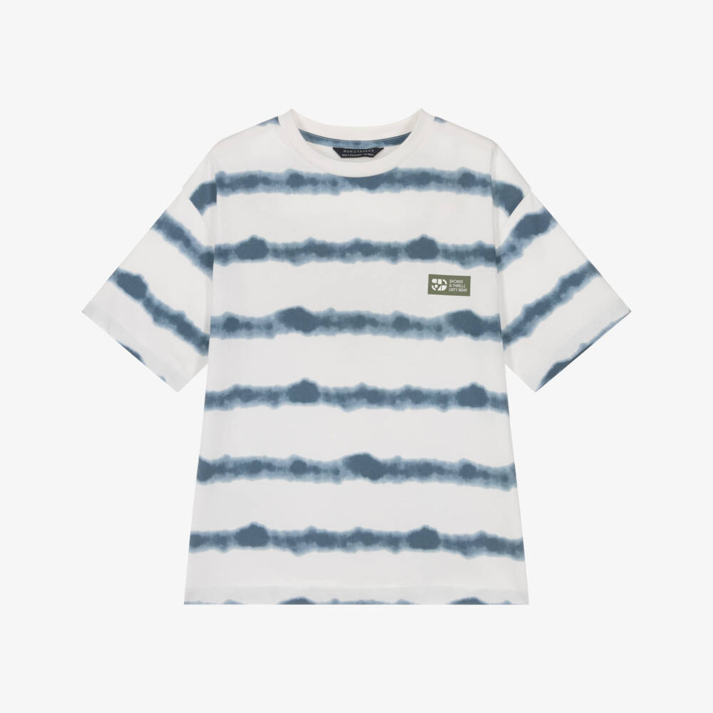 Mayoral Nukutavake-تيشيرت قطن مقلم بتأثير تاي داي لون أبيض وكحلي للأولاد | Childrensalon