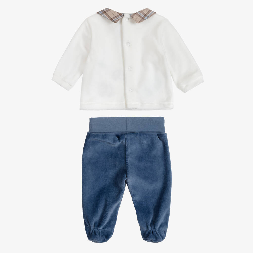 Mayoral Для новорожденных-Boys White & Blue Velour 2-Piece Babygrow | Childrensalon