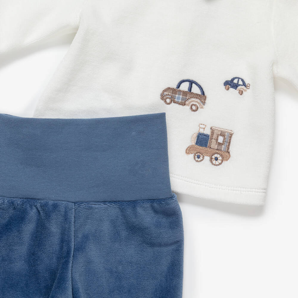 Mayoral Для новорожденных-Boys White & Blue Velour 2-Piece Babygrow | Childrensalon