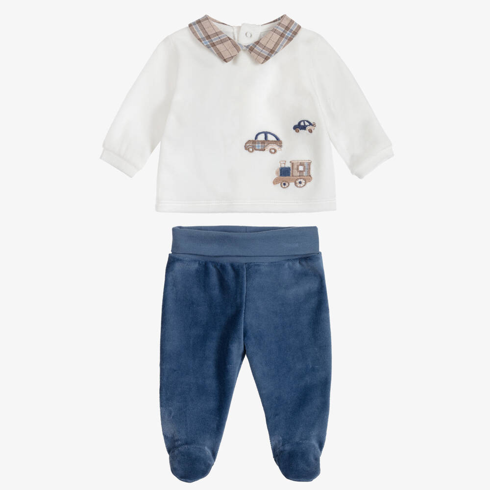 Mayoral Для новорожденных-Boys White & Blue Velour 2-Piece Babygrow | Childrensalon