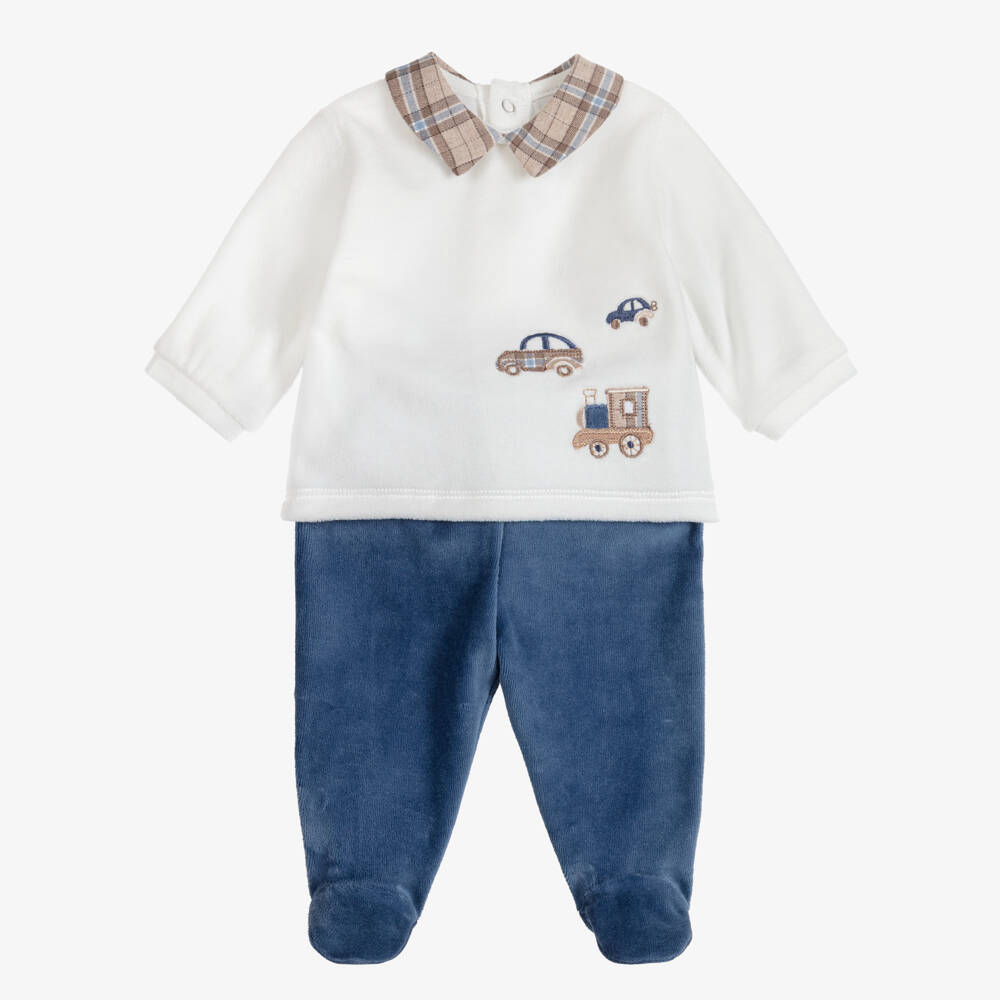 Mayoral Для новорожденных-Boys White & Blue Velour 2-Piece Babygrow | Childrensalon