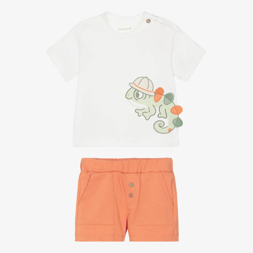 Mayoral-Boys White Chameleon Print Top & Orange Short Set | Childrensalon