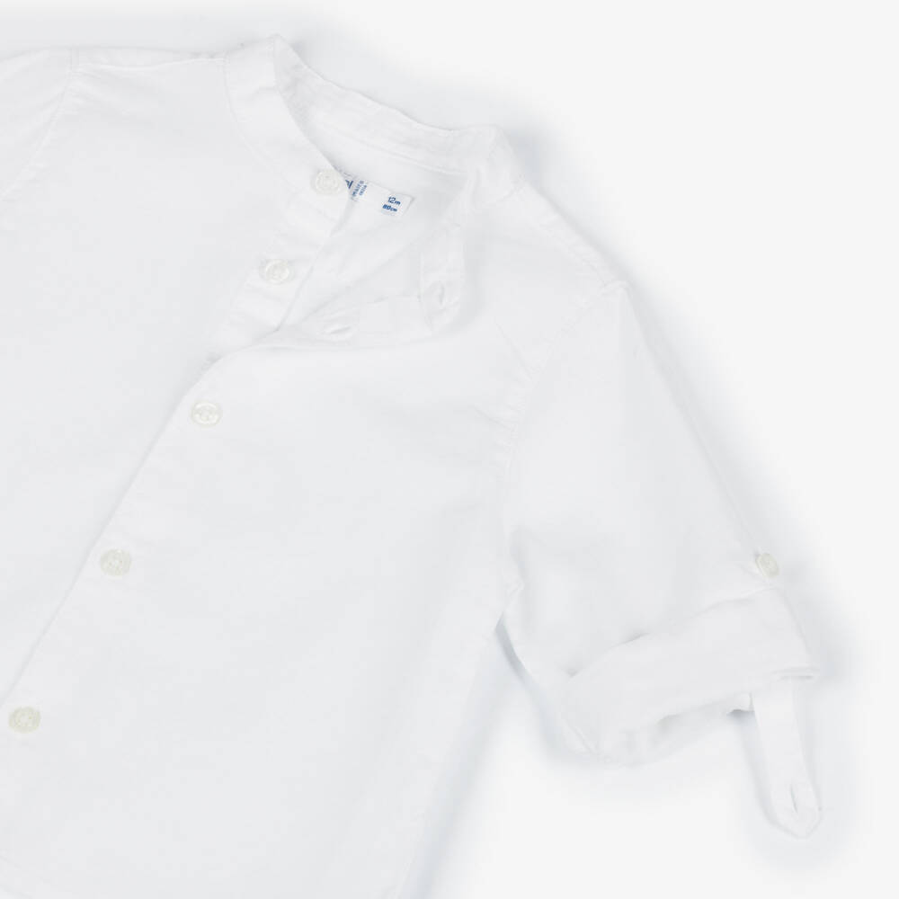 Mayoral-Boys White Collarless Shirt with Roll-Up Sleeves | Childrensalon