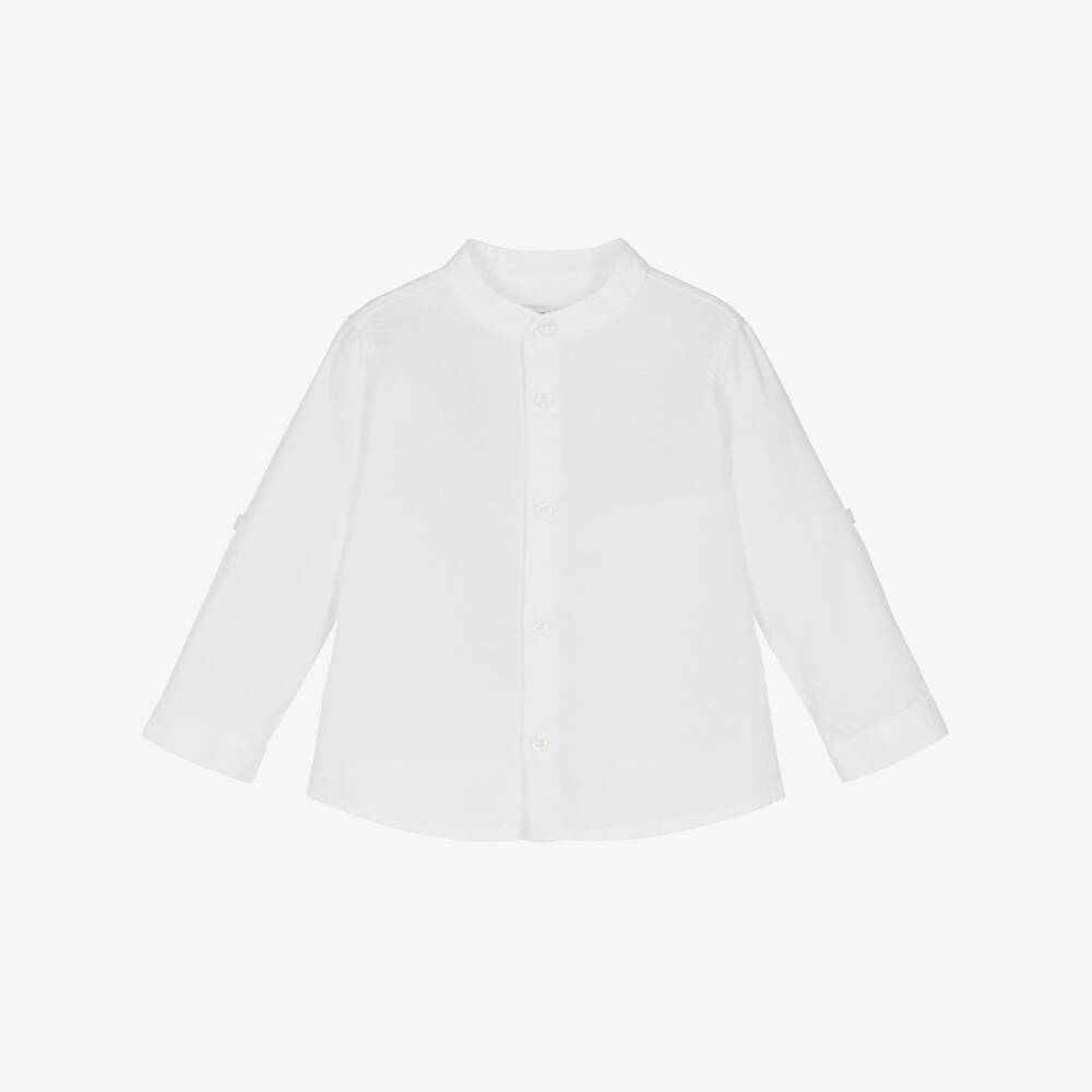 Mayoral-Boys White Collarless Shirt with Roll-Up Sleeves | Childrensalon