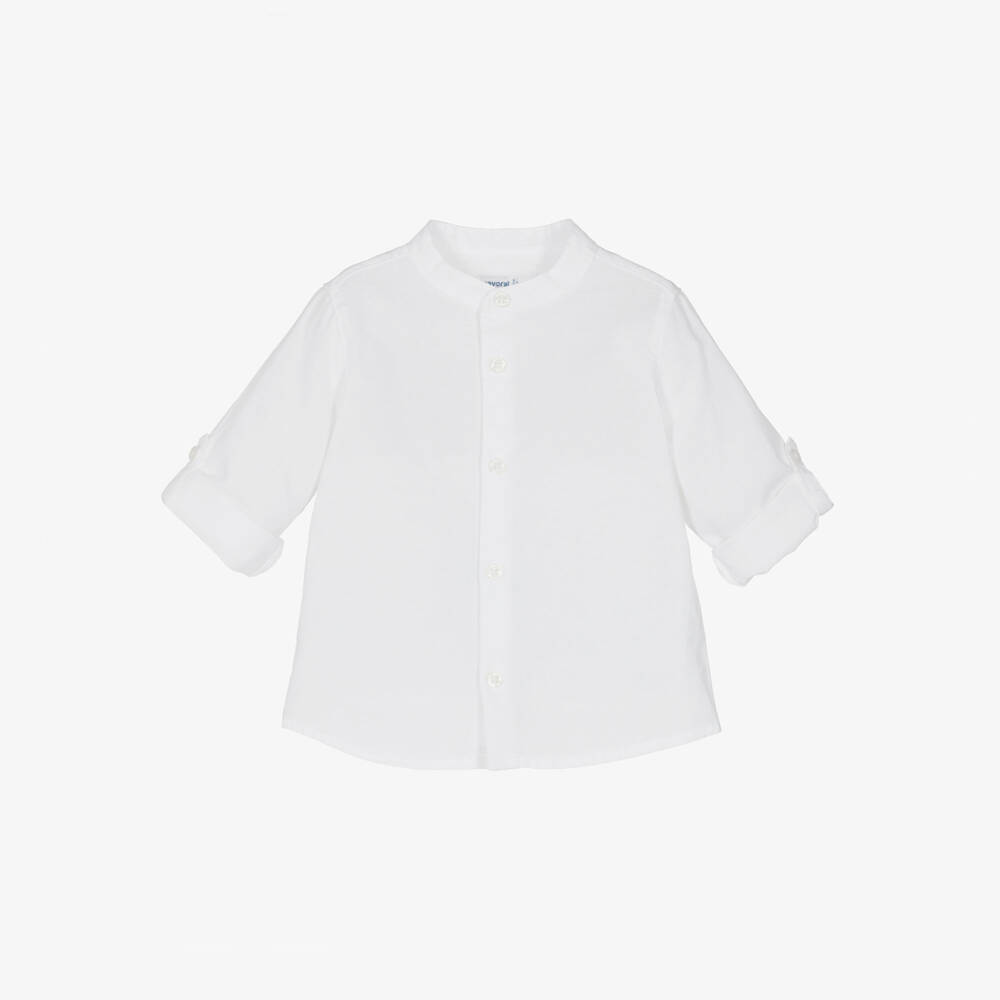 Mayoral-Boys White Collarless Shirt with Roll-Up Sleeves | Childrensalon