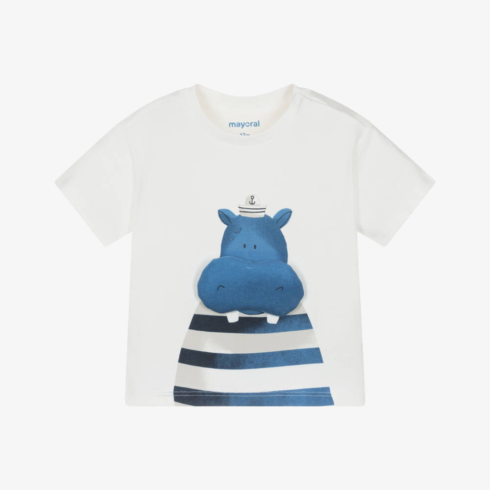 Mayoral-Boys White Cotton 3D Sailor Hippo T-Shirt | Childrensalon