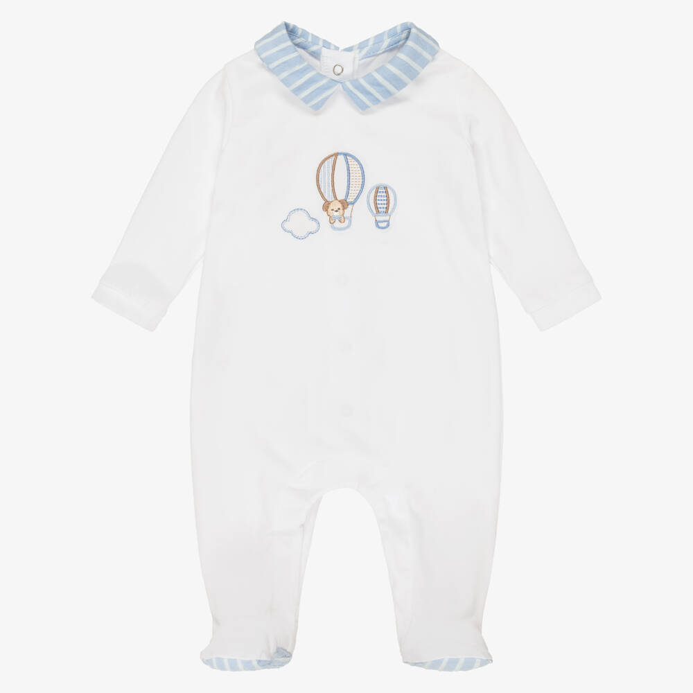 Mayoral Для новорожденных-Boys White Cotton Babygrow with Hot Air Balloon Motif | Childrensalon