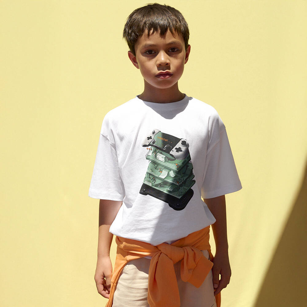 Mayoral Nukutavake-تيشيرت قطن بطبعة جهاز ألعاب لون أبيض للأولاد | Childrensalon