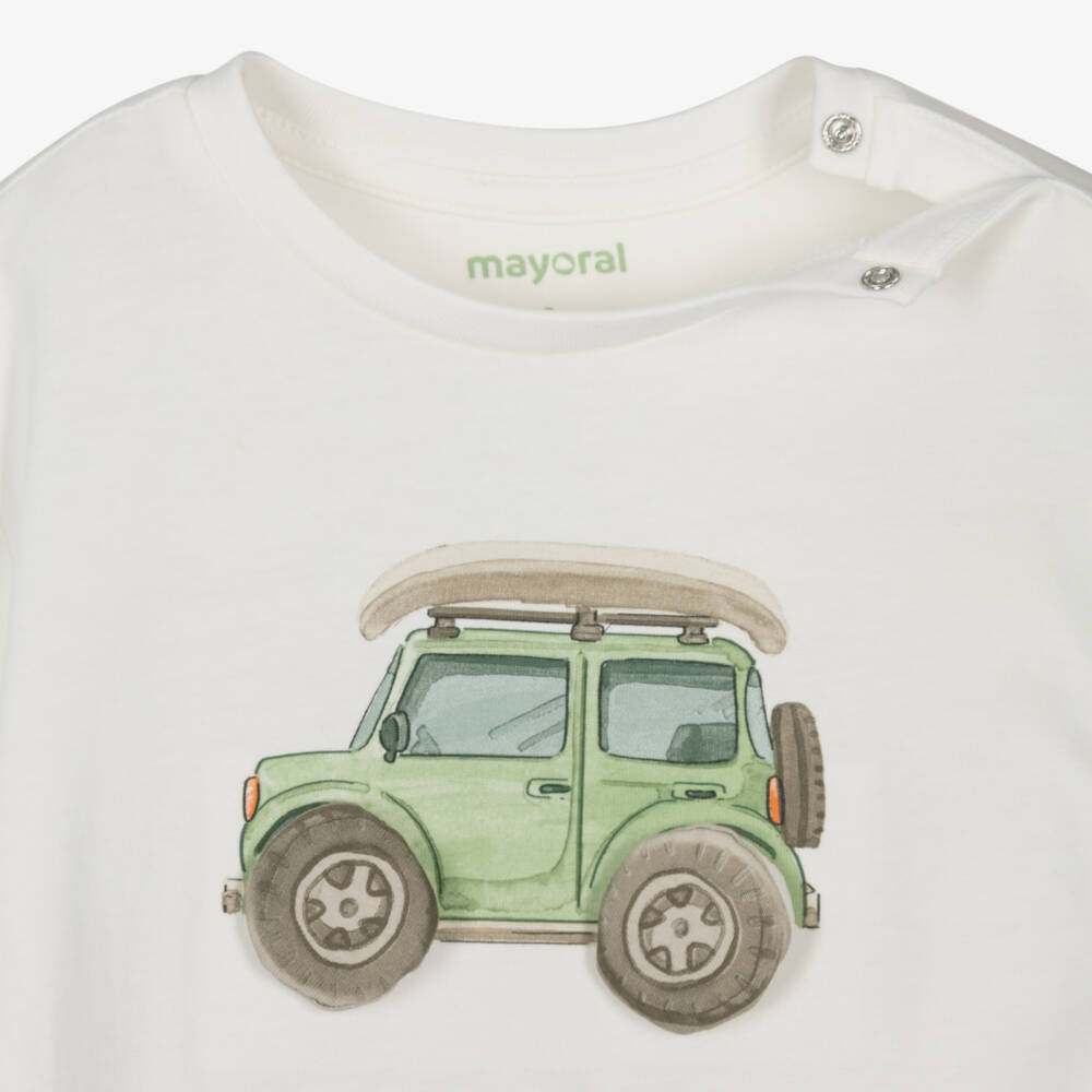 Mayoral-Boys White Cotton Jeep T-Shirt with 3D Wheels | Childrensalon