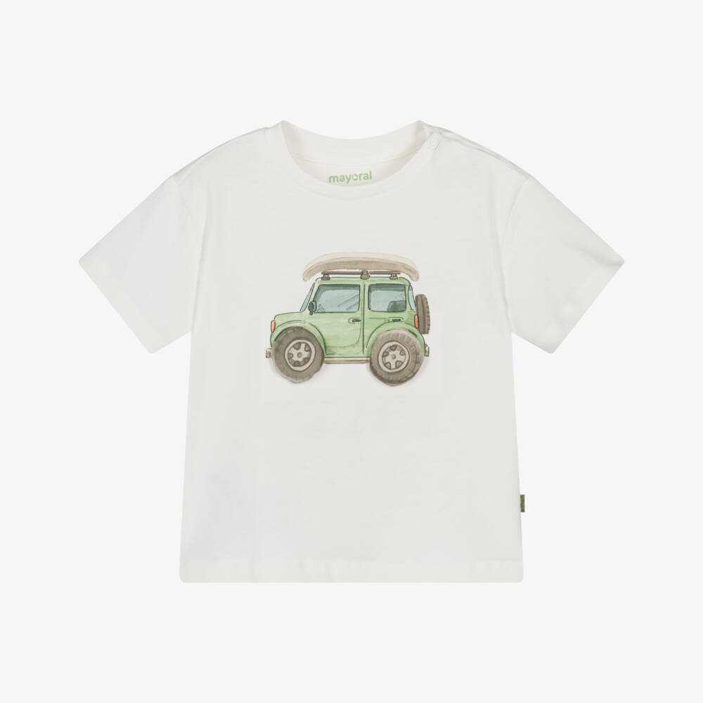 Mayoral-Boys White Cotton Jeep T-Shirt with 3D Wheels | Childrensalon