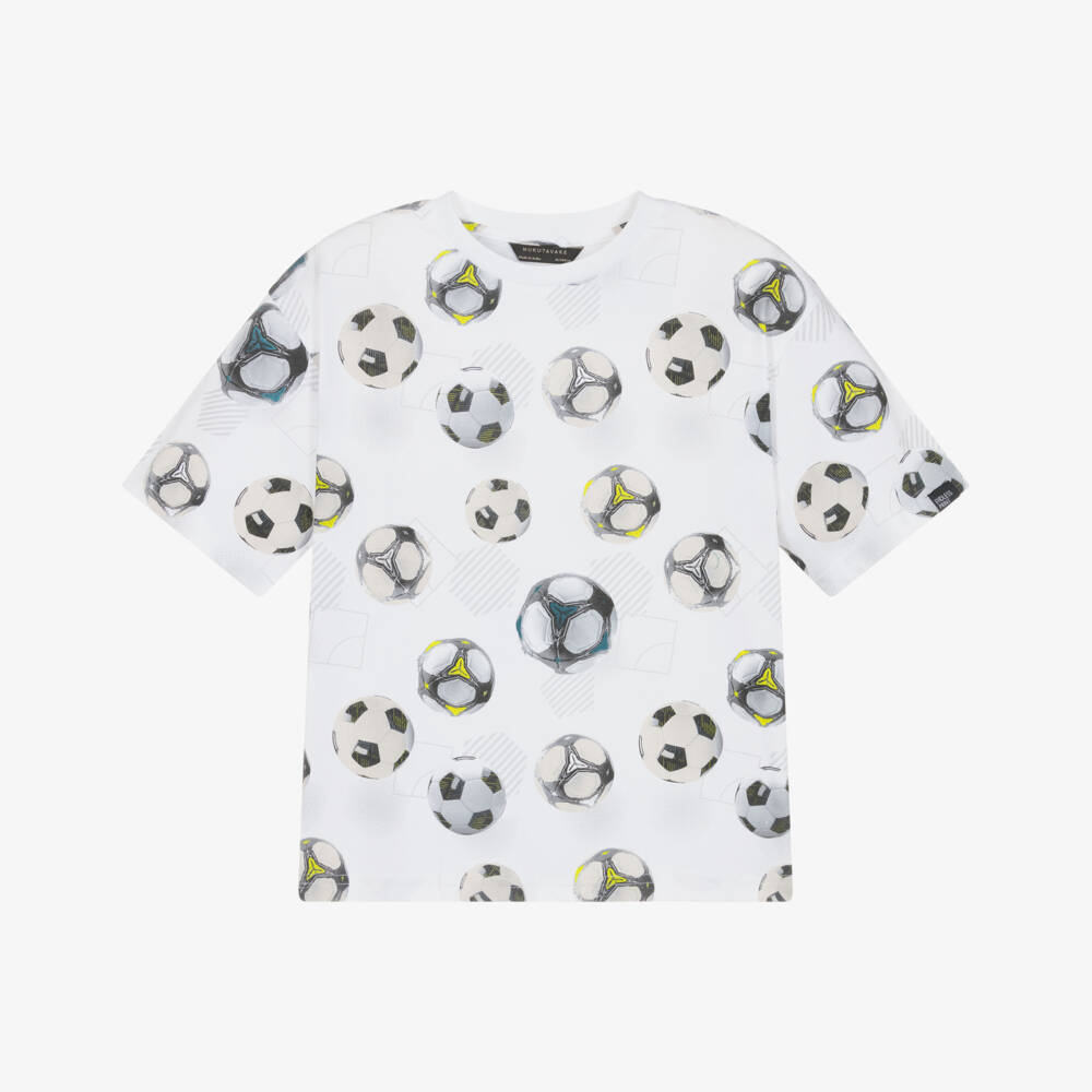 Mayoral Нукутаваке-Футболка белая из хлопкового трикотажа с футбольным принтом для мальчиков | Childrensalon