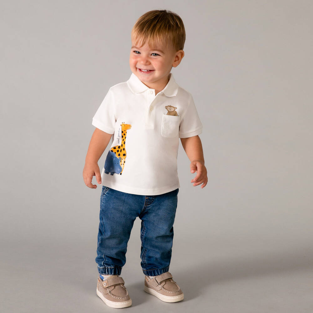 Mayoral-Boys White Cotton Jungle Animals Polo Shirt | Childrensalon