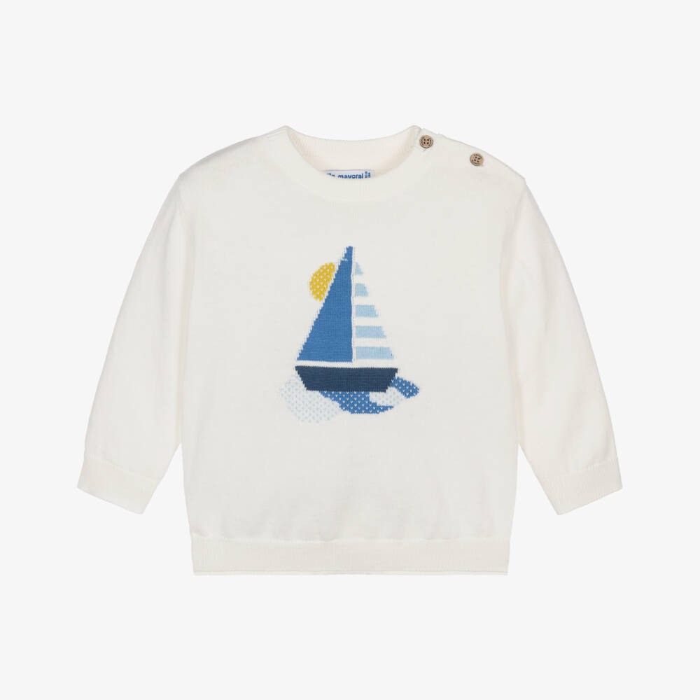 Mayoral-Boys White Cotton Knit Sweater with Boat Motif | Childrensalon