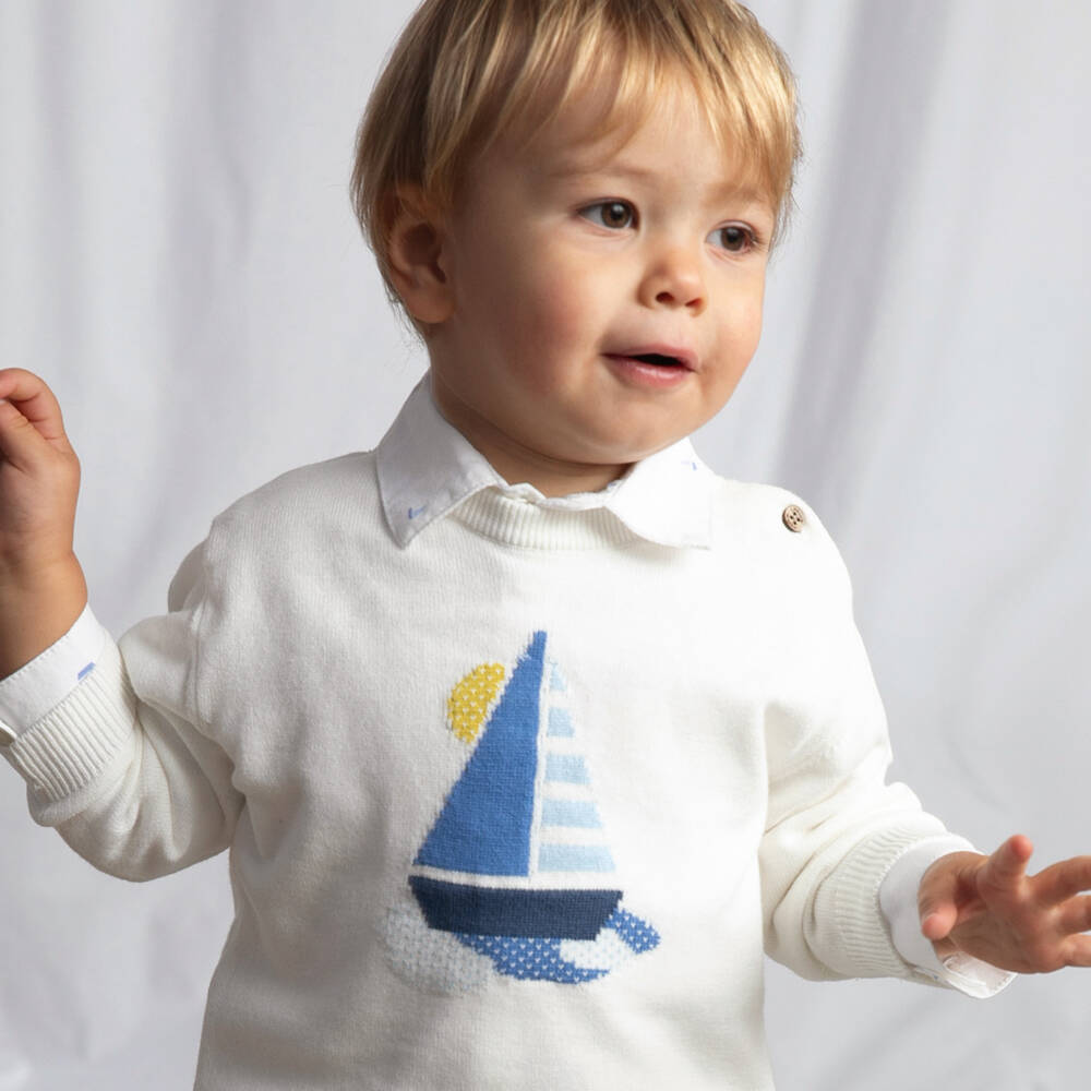 Mayoral-Boys White Cotton Knit Sweater with Boat Motif | Childrensalon