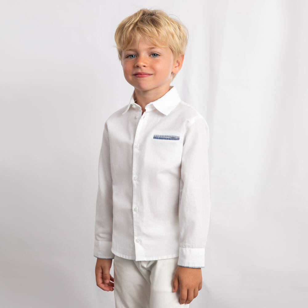 Mayoral-Boys White Cotton & Linen Shirt with Contrast Pocket | Childrensalon