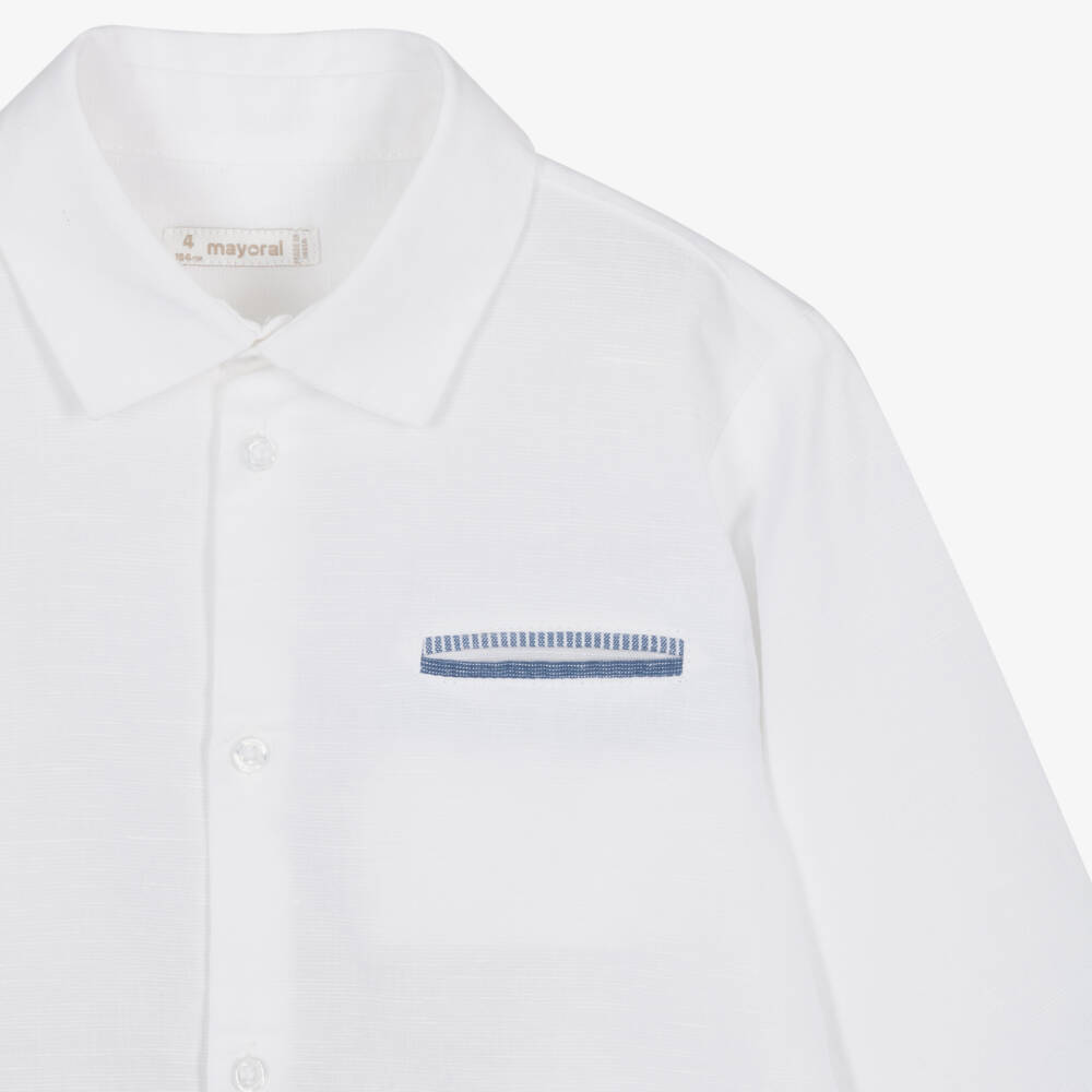 Mayoral-Boys White Cotton & Linen Shirt with Contrast Pocket | Childrensalon