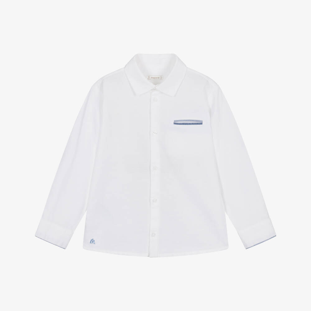Mayoral-Boys White Cotton & Linen Shirt with Contrast Pocket | Childrensalon