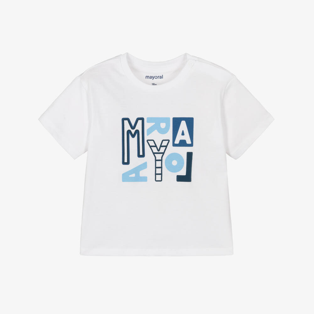 Mayoral-Boys White Cotton Logo T-Shirt | Childrensalon