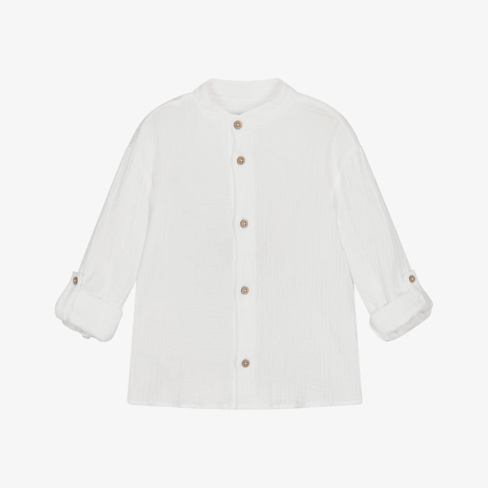 Mayoral-Boys White Cotton Muslin Collarless Shirt | Childrensalon
