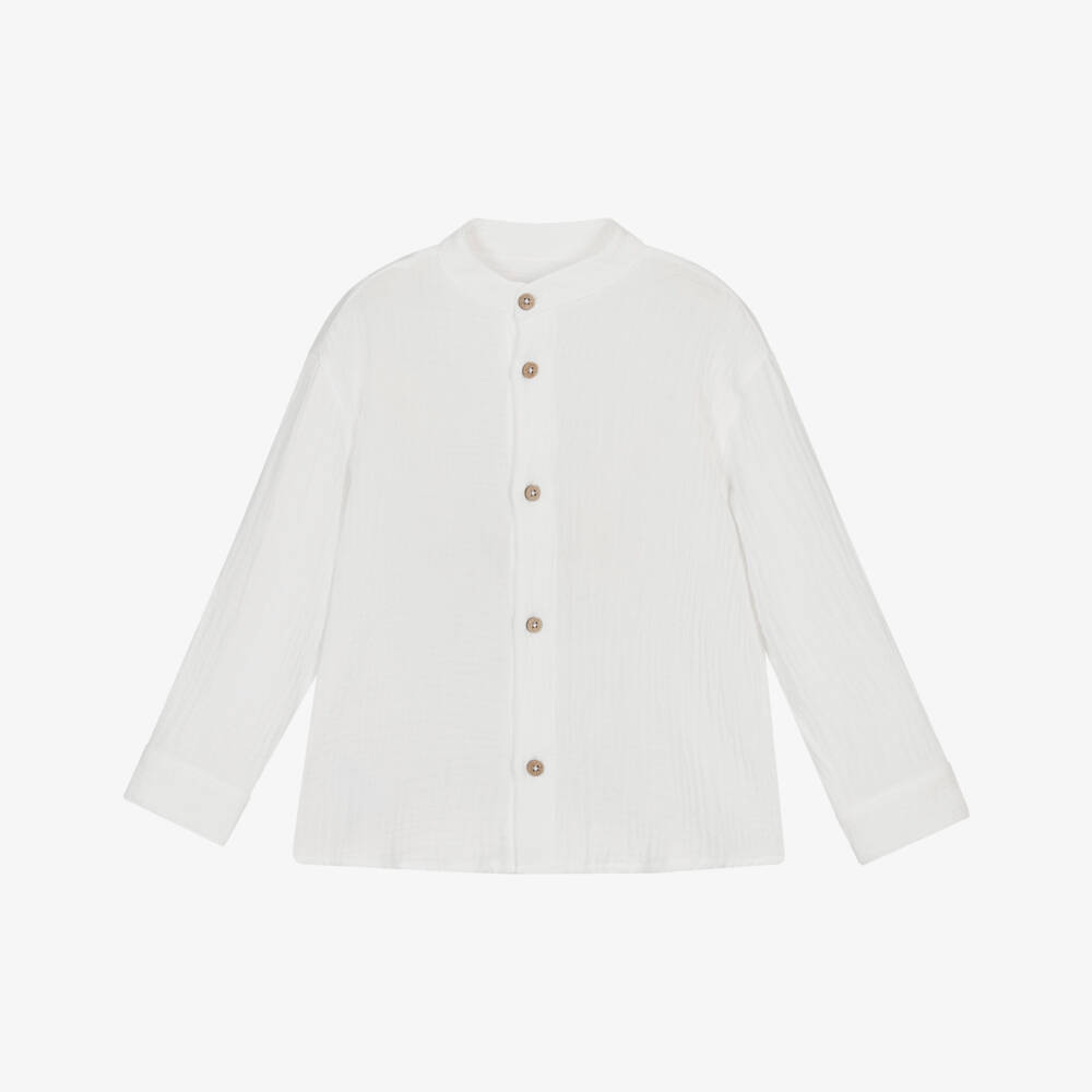 Mayoral-Boys White Cotton Muslin Collarless Shirt | Childrensalon