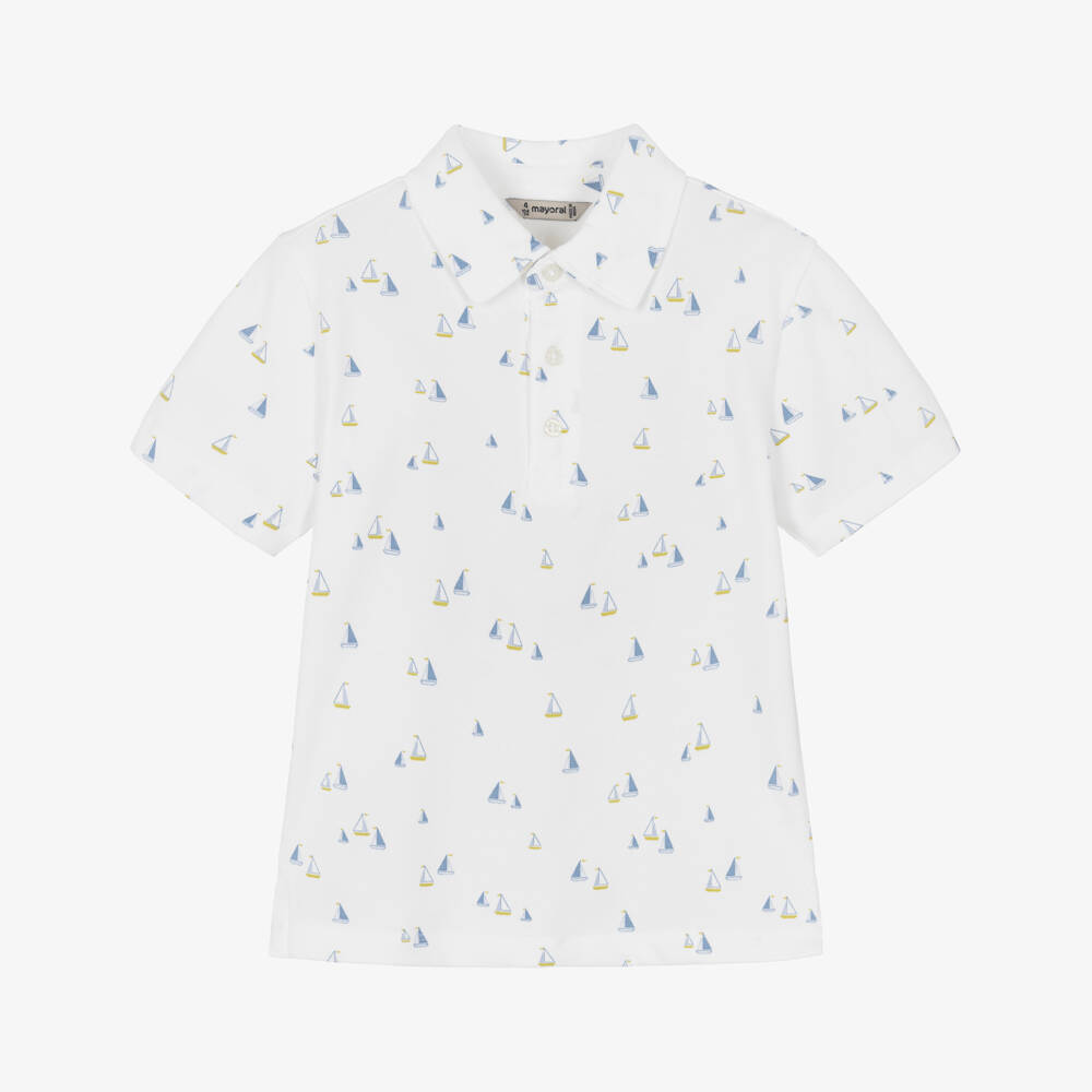 Mayoral-Boys White Cotton Piqué Boat Print Polo Shirt | Childrensalon