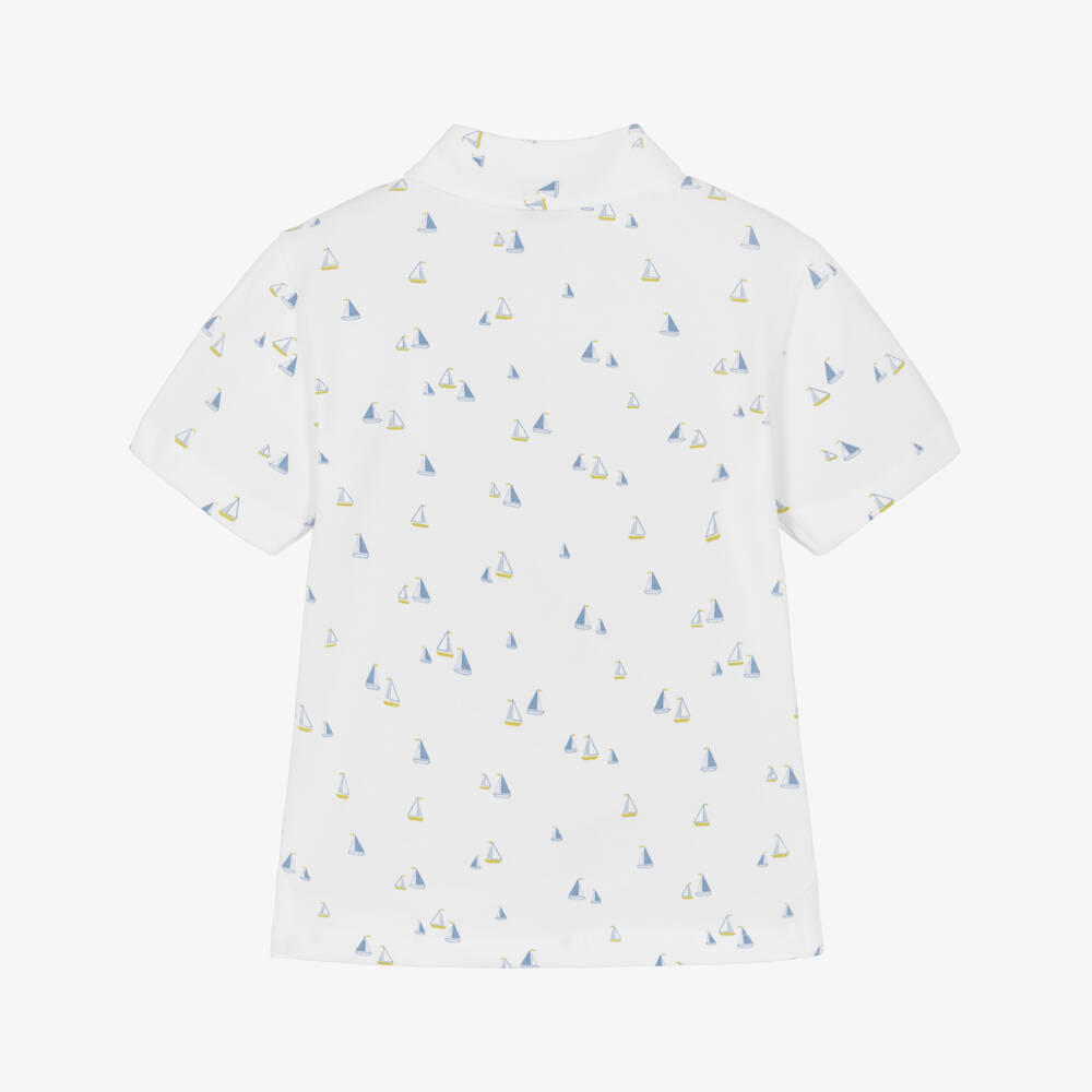 Mayoral-Boys White Cotton Piqué Boat Print Polo Shirt | Childrensalon