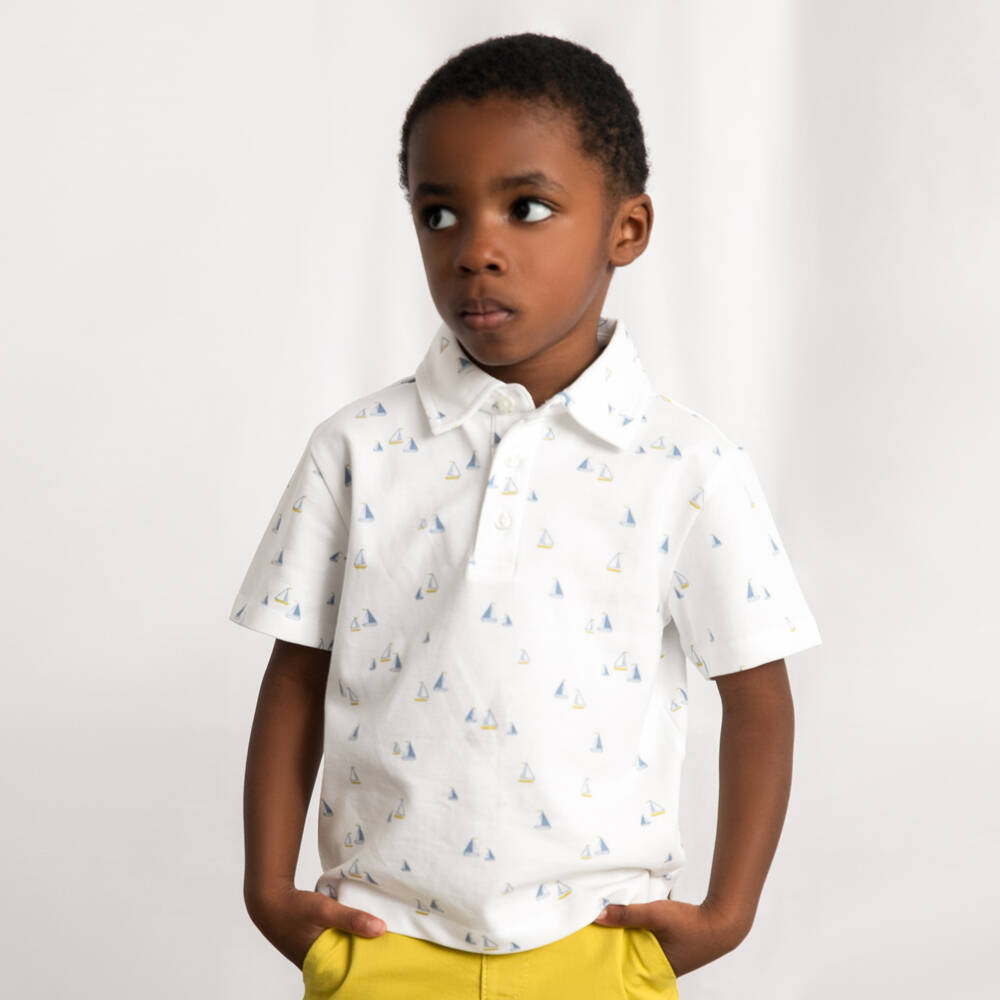 Mayoral-Boys White Cotton Piqué Boat Print Polo Shirt | Childrensalon