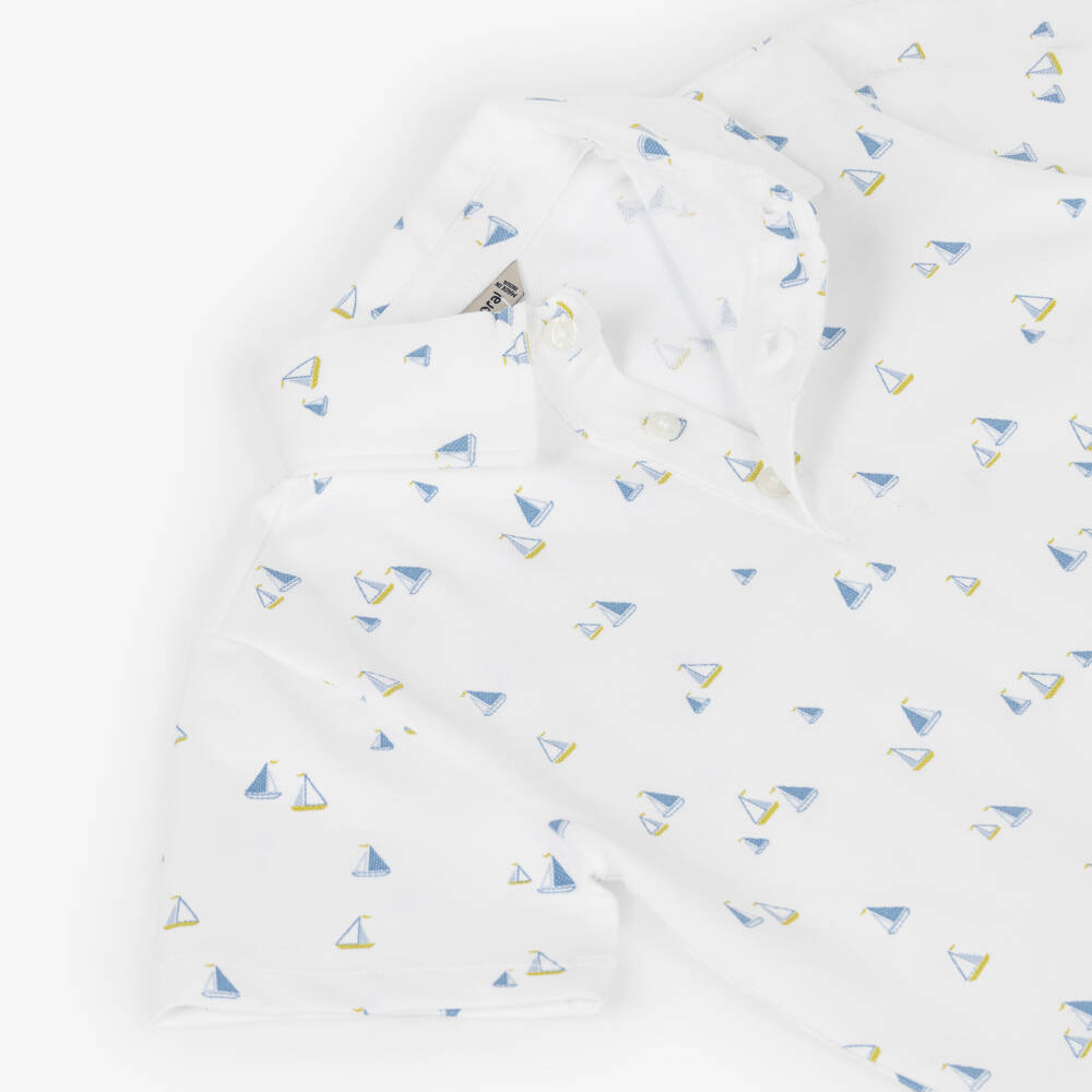 Mayoral-Boys White Cotton Piqué Boat Print Polo Shirt | Childrensalon