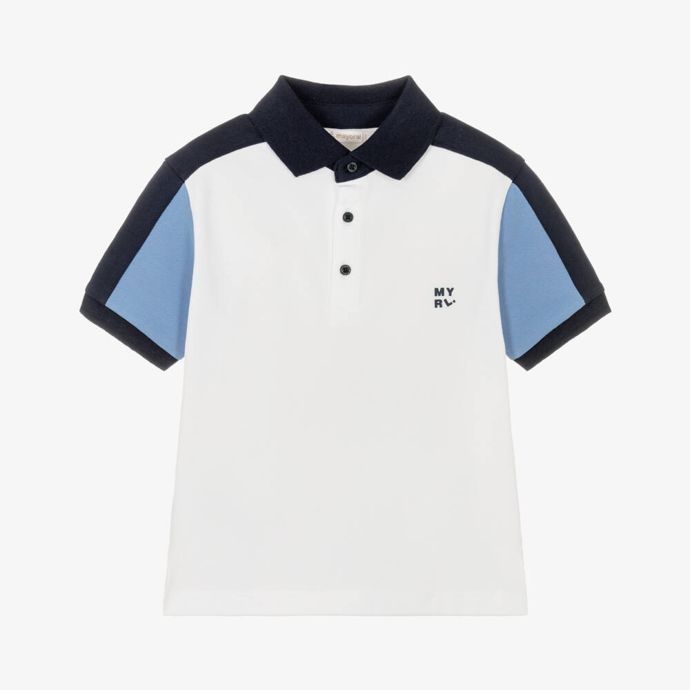 Mayoral-Boys White Cotton Polo Shirt with Blue Trim | Childrensalon