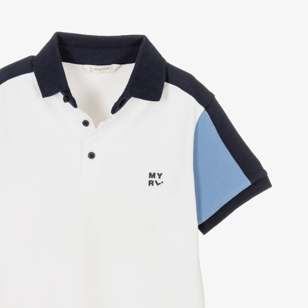 Mayoral-Boys White Cotton Polo Shirt with Blue Trim | Childrensalon