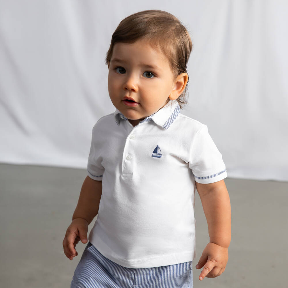 Mayoral-Boys White Cotton Polo Shirt with Boat Motif | Childrensalon