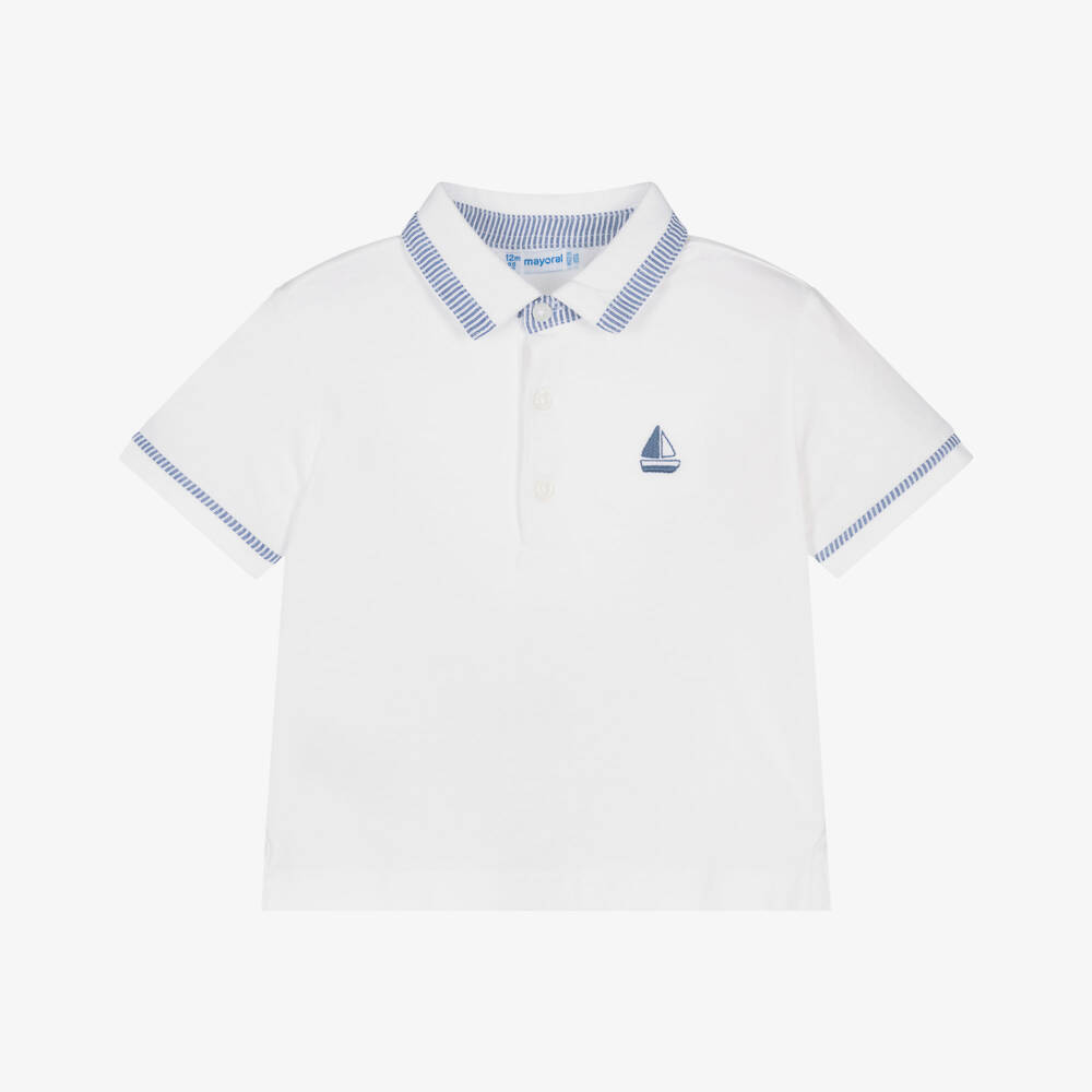 Mayoral-Boys White Cotton Polo Shirt with Boat Motif | Childrensalon