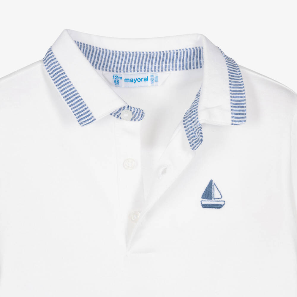 Mayoral-Рубашка поло хлопковая белая с парусником для мальчиков | Childrensalon