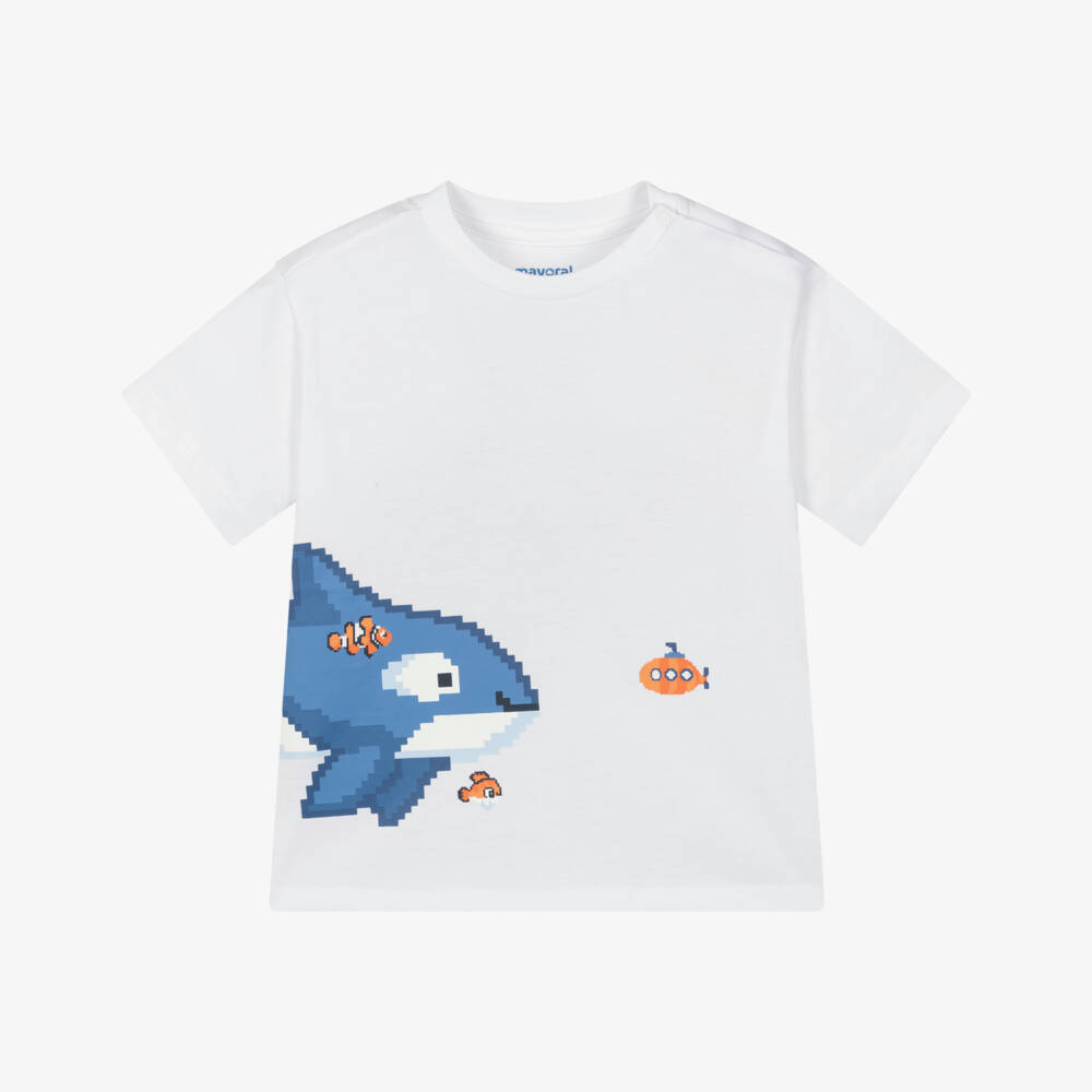 Mayoral-Boys White Cotton Shark T-Shirt | Childrensalon