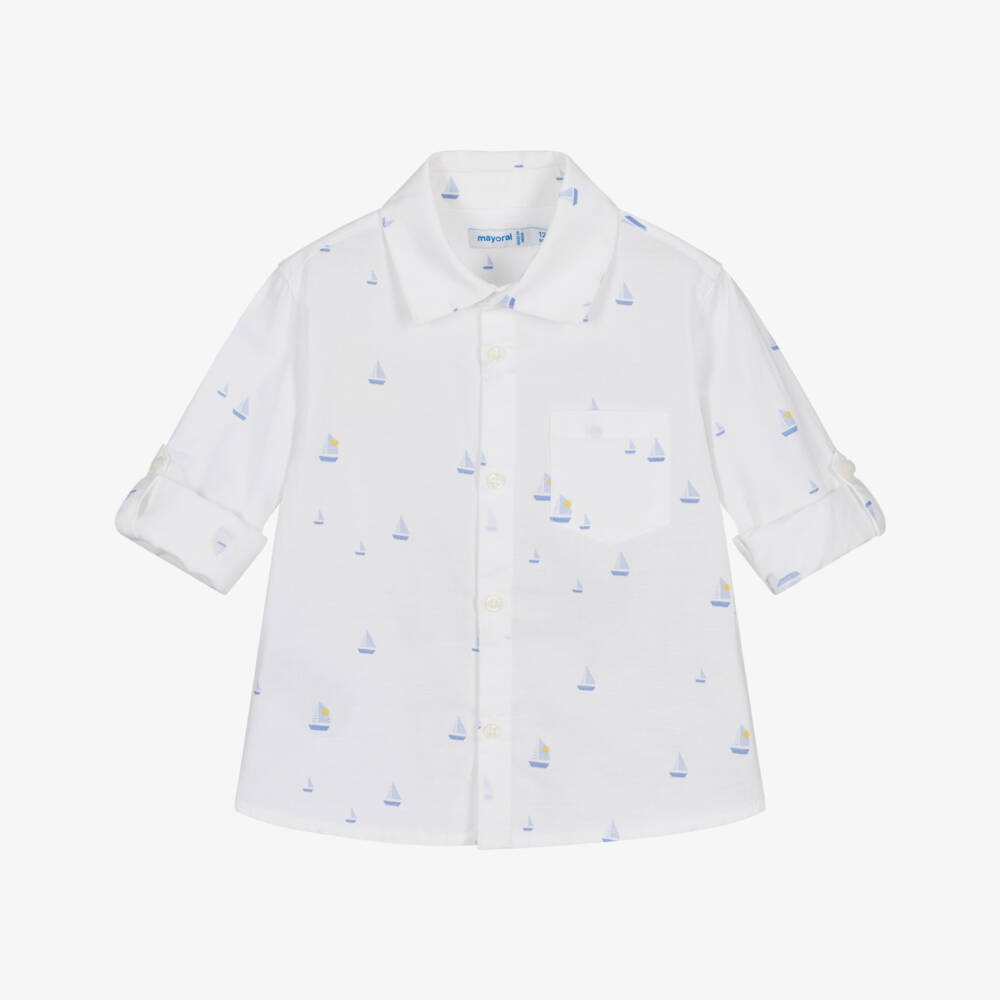Mayoral-Рубашка белая из хлопка с синими парусниками для мальчиков | Childrensalon