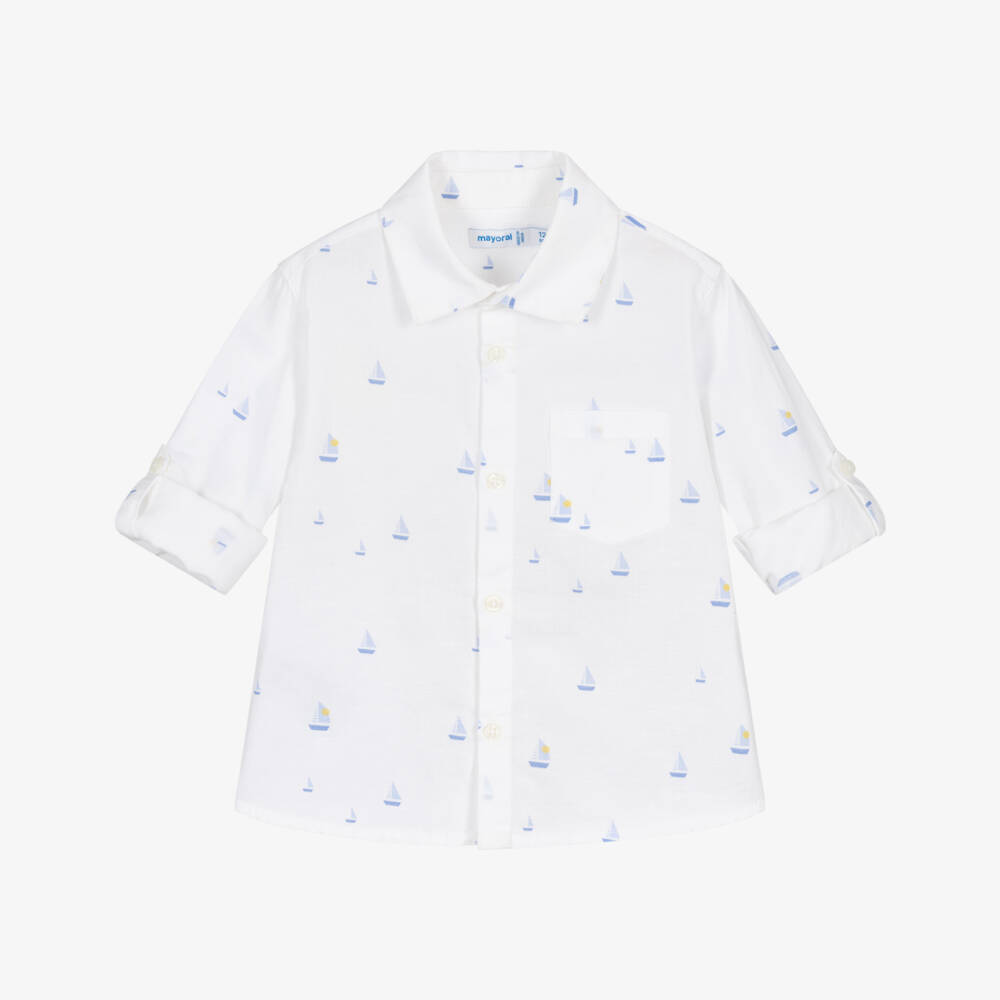 Mayoral-Рубашка белая из хлопка с синими парусниками для мальчиков | Childrensalon