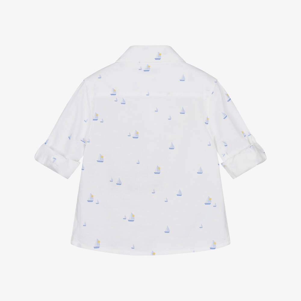 Mayoral-Рубашка белая из хлопка с синими парусниками для мальчиков | Childrensalon