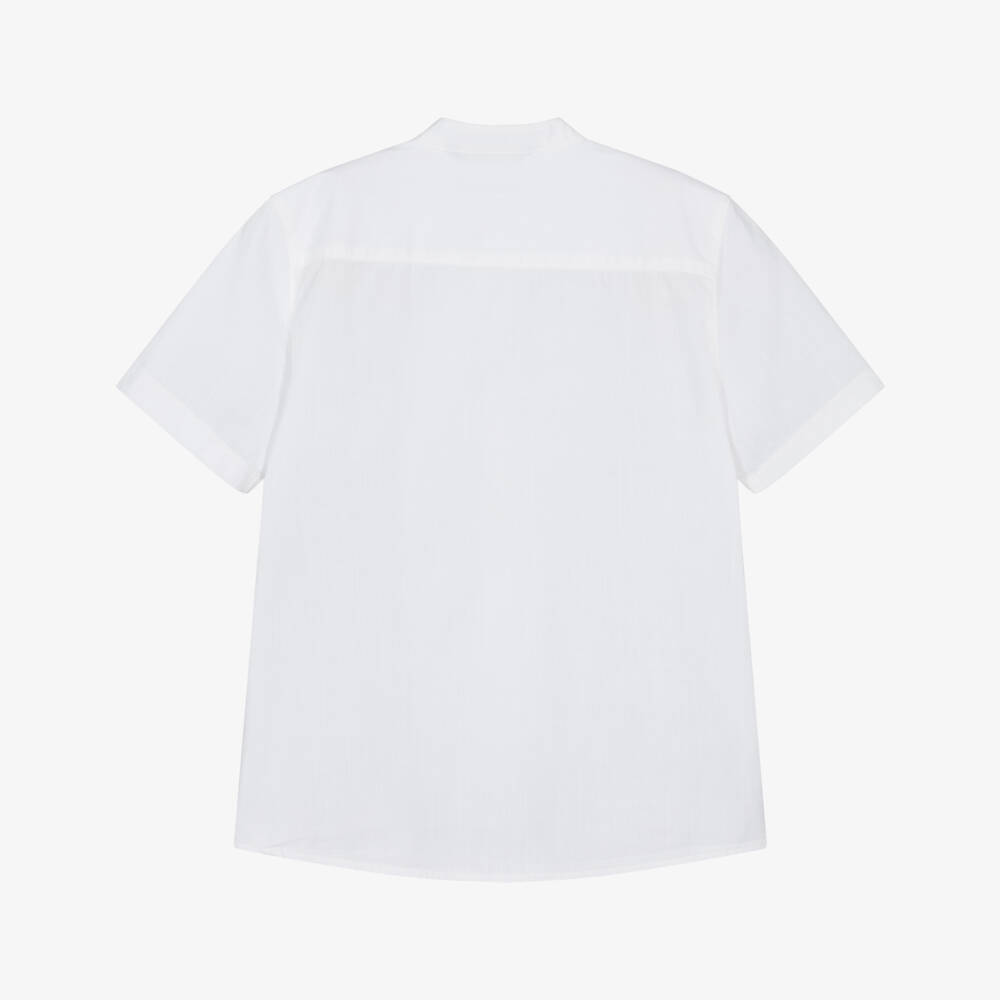 Mayoral Nukutavake-Boys White Cotton Short Sleeved Collarless Shirt | Childrensalon