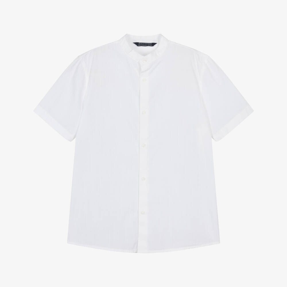 Mayoral Nukutavake-Boys White Cotton Short Sleeved Collarless Shirt | Childrensalon