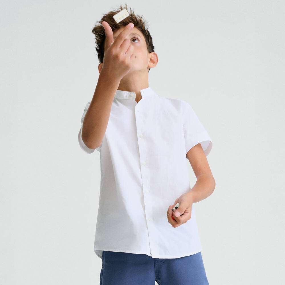 Mayoral Nukutavake-Boys White Cotton Short Sleeved Collarless Shirt | Childrensalon