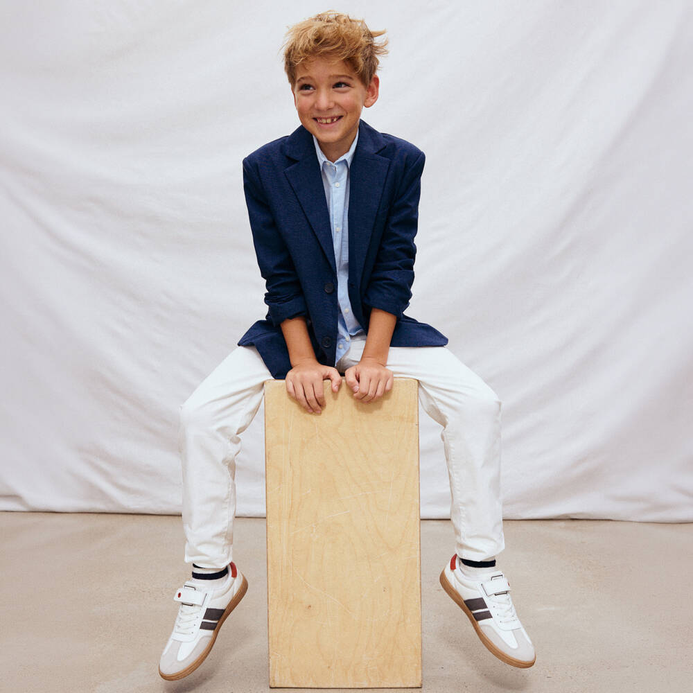 Mayoral Nukutavake-Boys White Cotton Slim Chino Trousers | Childrensalon