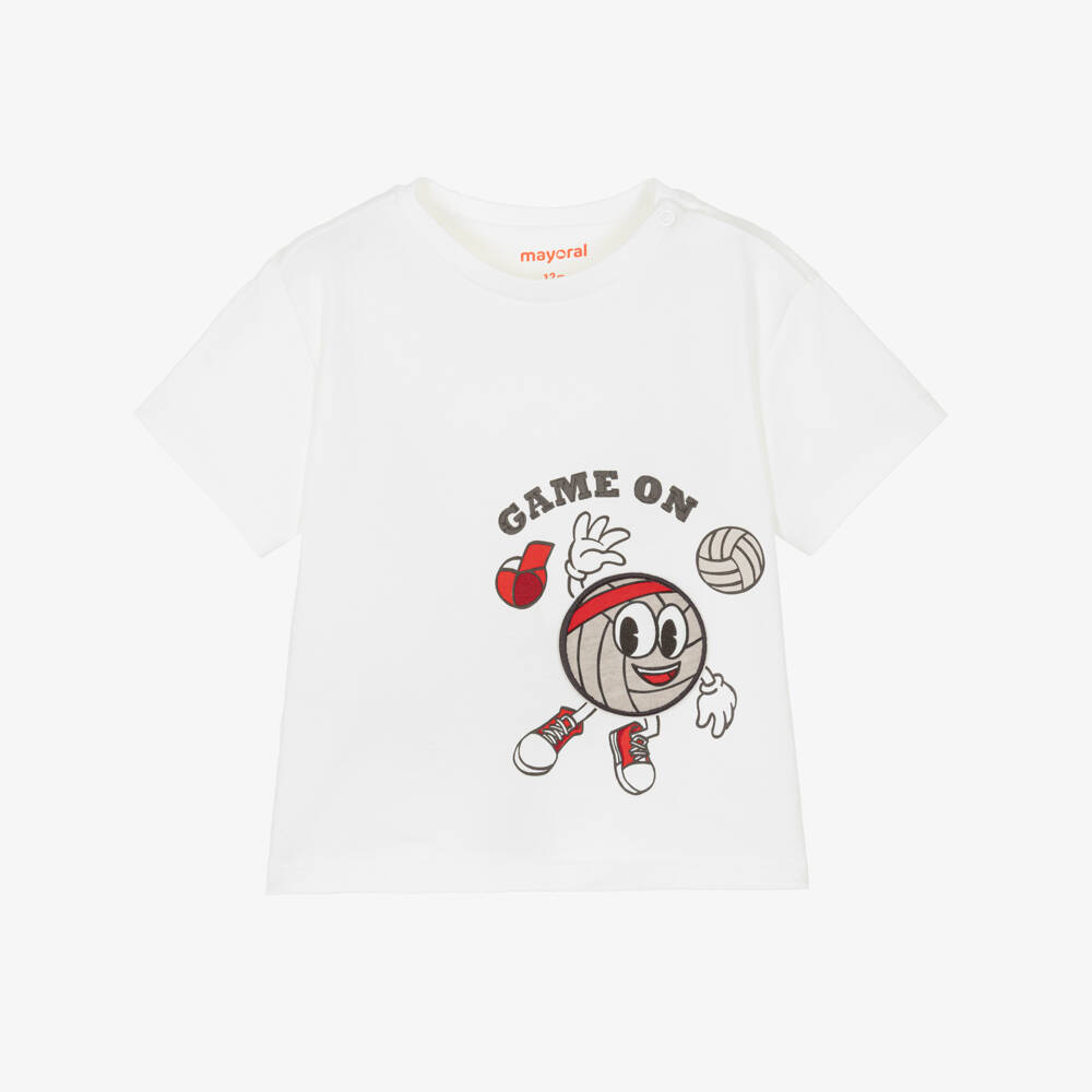 Mayoral-Boys White Cotton T-Shirt with Basketball Graphic | Childrensalon