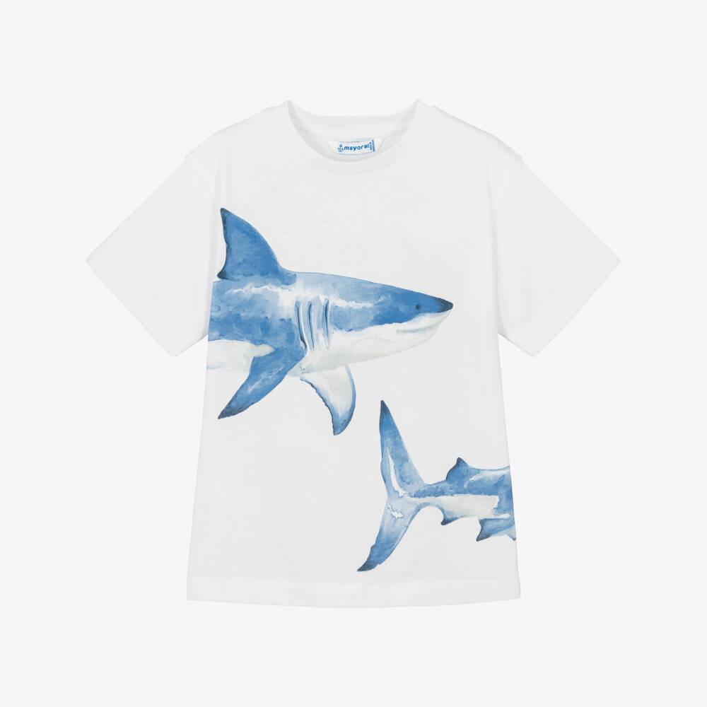 Mayoral-تيشيرت قطن بطبعة سمكة قرش لون أبيض للأولاد | Childrensalon