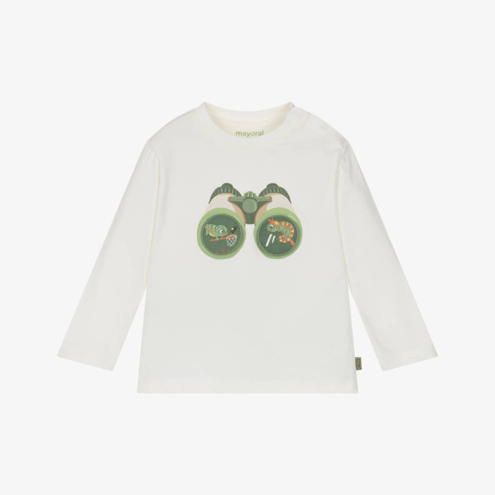 Mayoral-Boys White Cotton Top with Lift-The-Flap Binoculars Print | Childrensalon