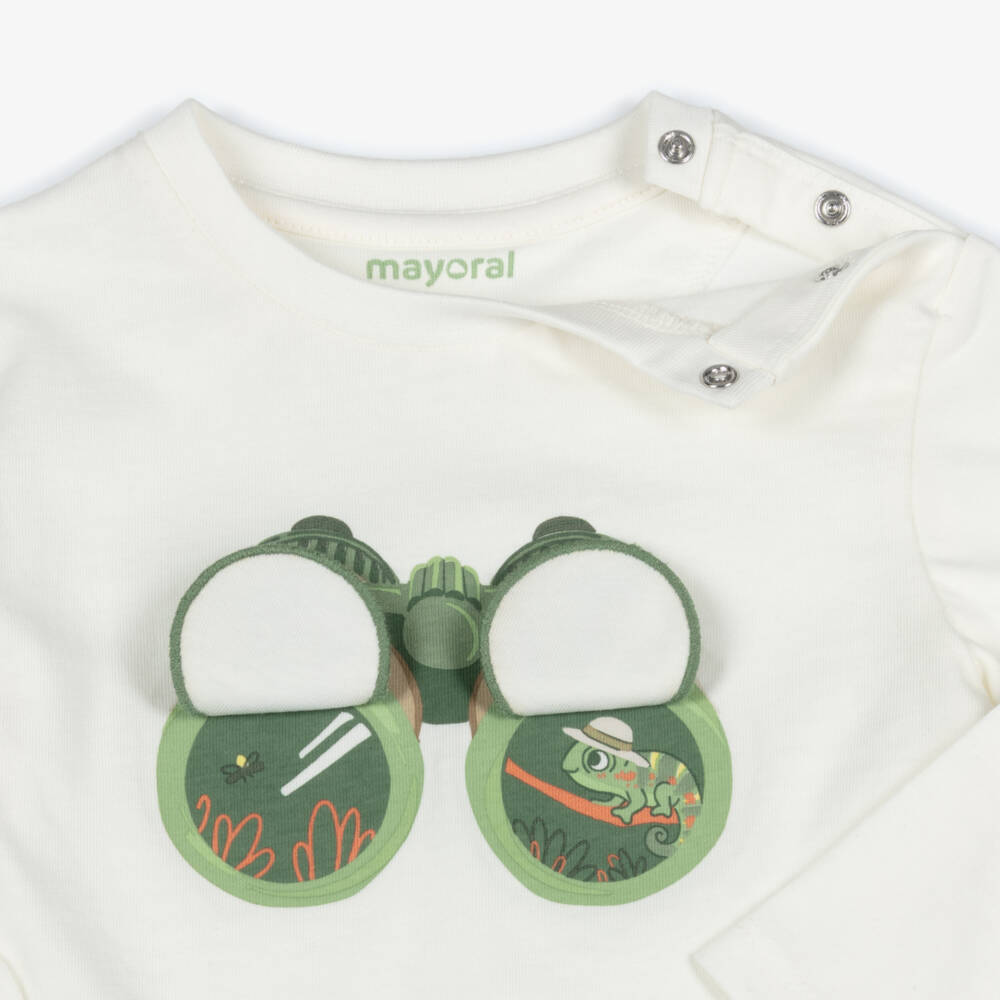 Mayoral-Boys White Cotton Top with Lift-The-Flap Binoculars Print | Childrensalon