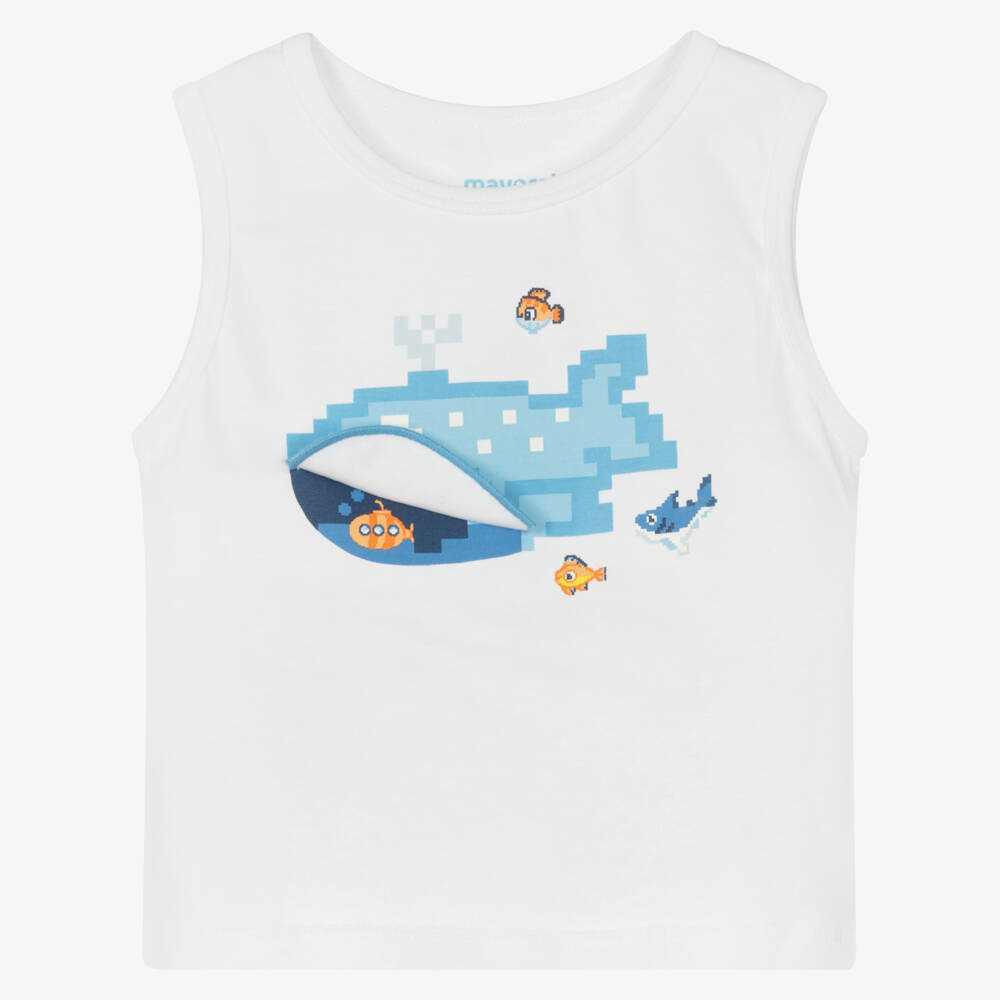 Mayoral-Boys White Cotton Vest Top with Blue Whale Graphic | Childrensalon