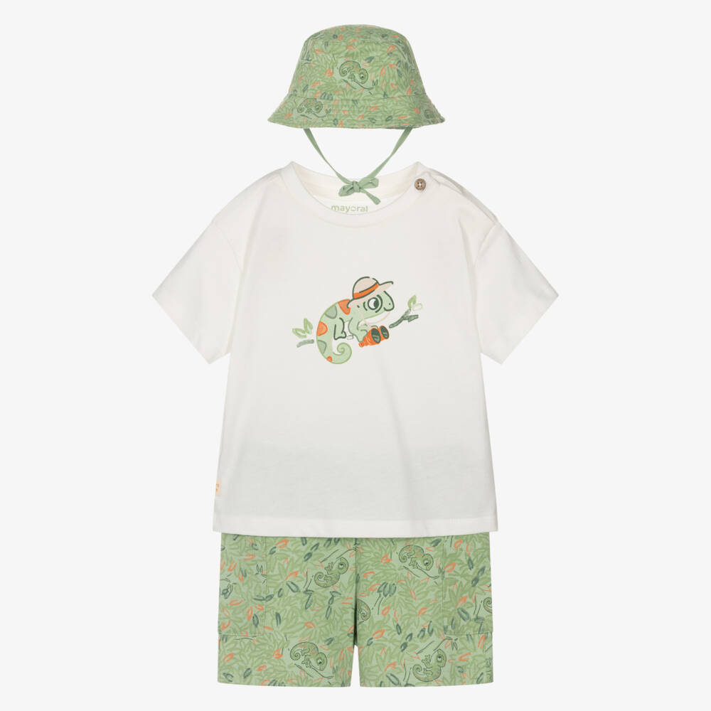 Mayoral-Boys White & Green Cotton Shorts Set with Chameleon Print | Childrensalon