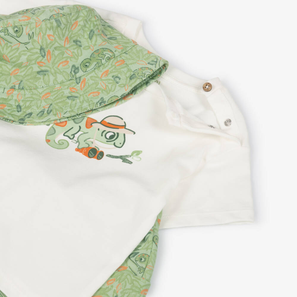Mayoral-Boys White & Green Cotton Shorts Set with Chameleon Print | Childrensalon